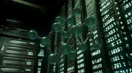 3D rendering of a molecule model in a server room.