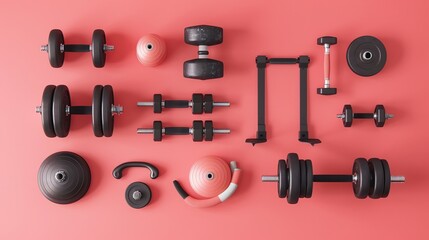 A flat lay of various gym equipment, including dumbbells, weights, an exercise band, a jump rope, and a foam roller, arranged on a bright orange background.