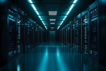 A wide view of an empty server room with rows and columns filled with high-tech computer equipment, illuminated by soft blue lights