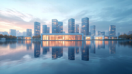 Fototapeta premium A city panorama featuring tall skyscrapers and buildings with light-colored facades, capturing a vibrant, modern urban landscape