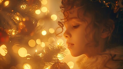 Fototapeta premium A girl looks at Christmas lights on a tree.