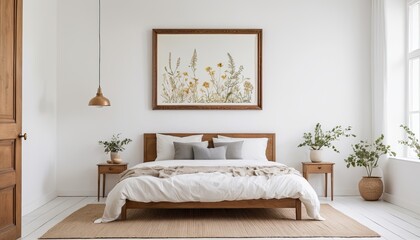 Modern bedroom interior with a wooden bed, white walls, and minimalist decor, creating a cozy and stylish atmosphere.

