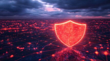 A glowing red shield hovers over a city network at dusk, symbolizing digital protection and safety.