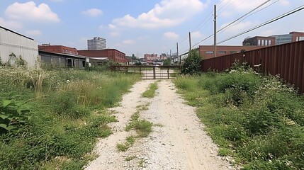 Obraz premium A gravel path winds through overgrown vegetation, leading to a fenced-in industrial area with brick buildings.