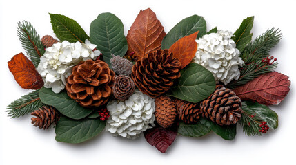 Fototapeta premium Bright holiday arrangement featuring snowy pine cones, vibrant leaves, and white hydrangeas, perfect for festive decor