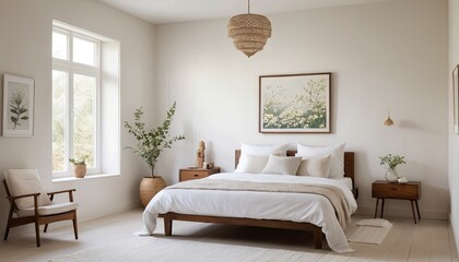 Modern bedroom interior with a cozy bed, wooden furniture, and natural decorations.
