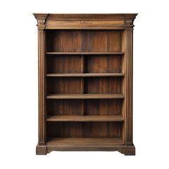 Antique wooden bookcase with six shelves and a Png back, ideal for displaying books and decor in any living space, Antique Wooden Bookcase with Six Shelves, transparent background.