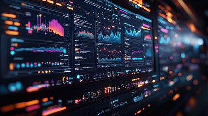 A close-up shot of a computer screen displaying various charts, graphs, and data visualizations, with glowing orange and blue elements.