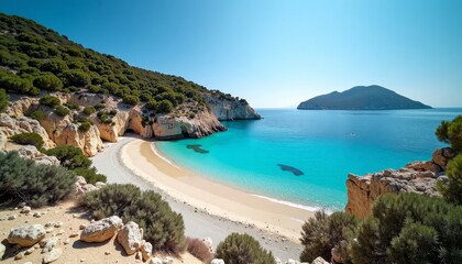 Obraz premium A serene blue lagoon nestled between rocky cliffs with a small island in the background