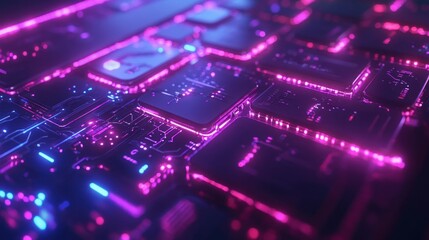 Obraz premium Abstract background with glowing neon lines and circuit board pattern.