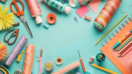 A flat lay of colorful craft supplies arranged in a frame around the center of a teal background.