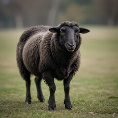 Obraz premium Majestic Black Sheep in a Verdant Pasture: A Study in Rural Serenity