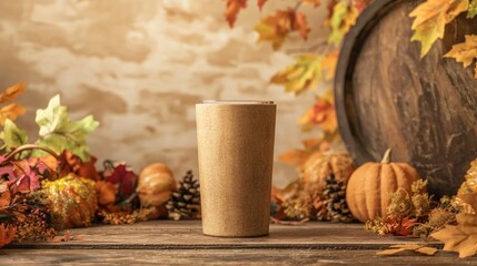 Cozy Autumn Vibes - Rustic Tumbler Mockup on Farmhouse Table with Seasonal Decorations, Warmth and Charm
