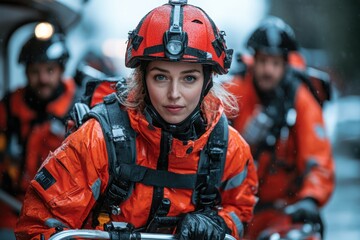 Emergency medical technicians with stretchers providing care, captured clearly, isolated on white background.