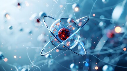 Abstract atom model with glowing core and orbiting electrons.