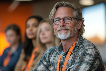 A middle-aged man with a beard and glasses smiles at the camera while sitting in a conference setting.