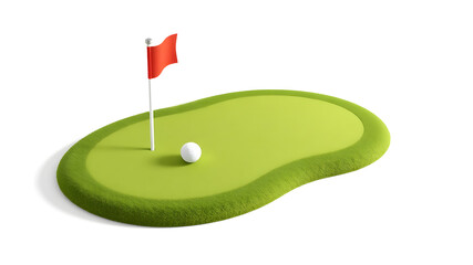 Golf ball on green golf isolated on white background. Sports, fitness and game symbol icon. 3d Render illustration.