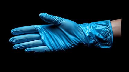 close up of hand wearing blue latex glove, ready for cleaning tasks