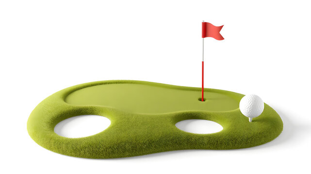 Golf ball on green golf isolated on white background. Sports, fitness and game symbol icon. 3d Render illustration.