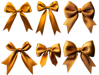 Collection of elegant golden bows on a white isolated background.