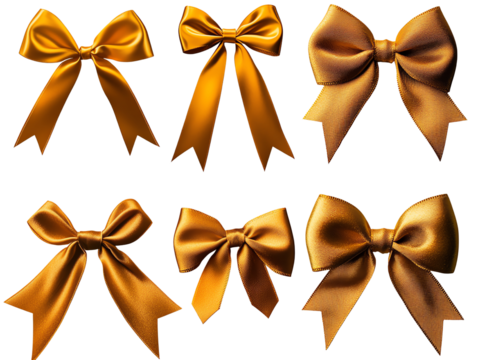 Collection of elegant golden bows on a white isolated background.