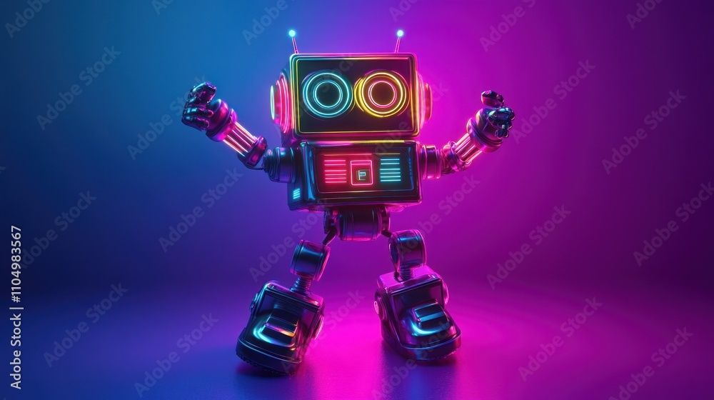 Poster Neon Retro Robot Posing Joyfully In Vivid Light
