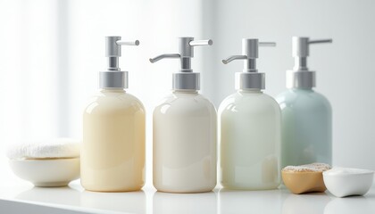Four bottles of lotion on a white surface