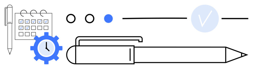 Pen next to calendar, gear with clock, three dots, checkmark on line. Ideal for productivity, organization, scheduling, efficiency time management task tracking workflow optimization. Line