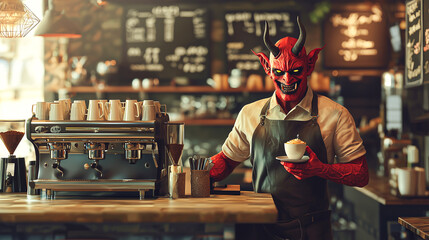 Red-Skinned Demon Barista at Work in a Stylish Café