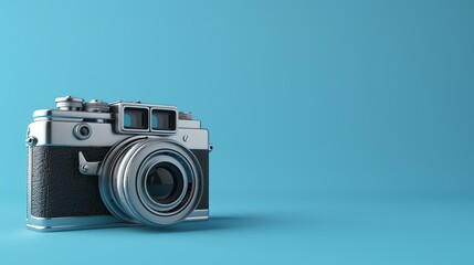 A vintage silver camera on a blue background.