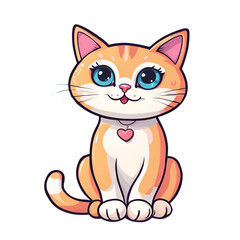 Obraz premium A charming cartoon cat with big blue eyes and an adorable expression, sitting cutely with a heart-shaped collar, perfect for children's designs and playful illustrations.