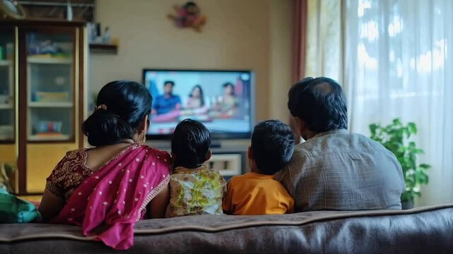 Family sitting at home watching tv television