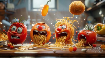 A cartoon illustration of vegetables and pasta having a food fight.