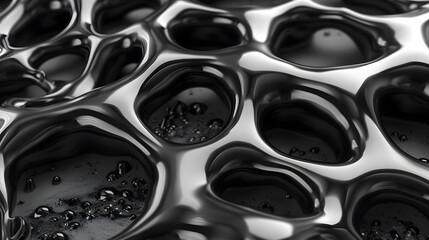 Abstract black metallic surface with porous structure and reflective droplets.