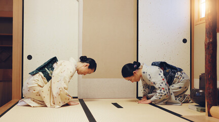 Tea room, bow and women with welcome, wellness and traditional kimono for culture. Japanese...