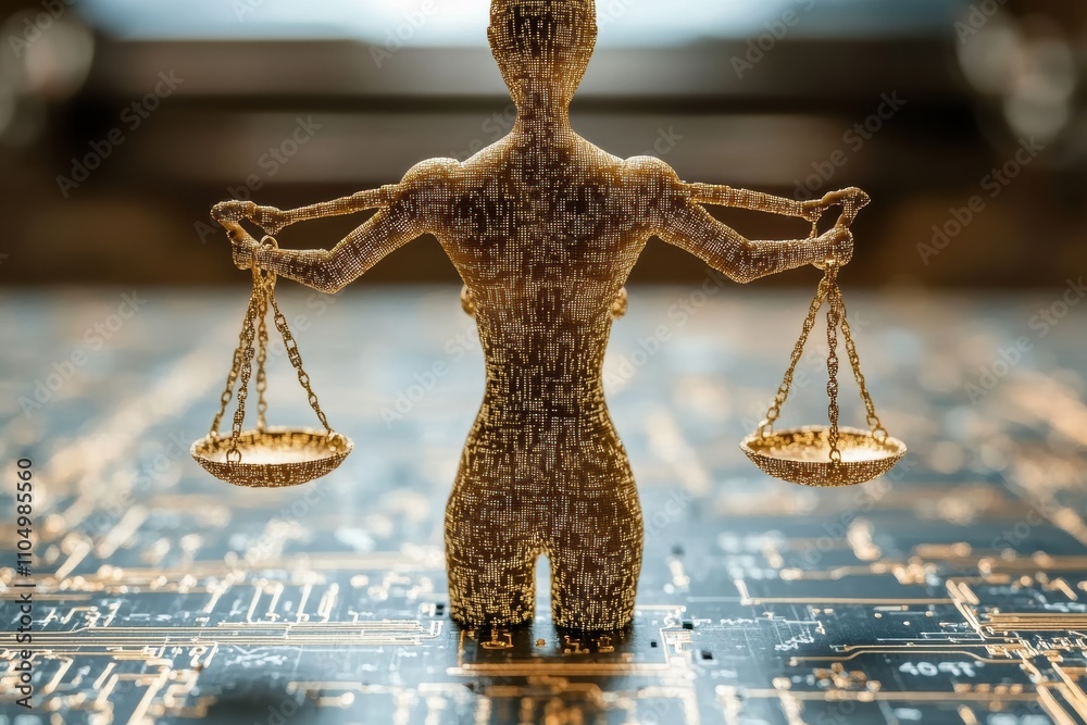 Poster Ethical AI implementation represented with balanced scales and interconnected tech symbols, promoting responsible use.