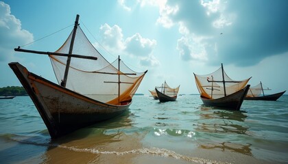 Three fishing boats on shallow water
