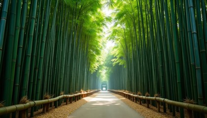 Fototapeta premium Bamboo forest pathway in sunlight or Sunlit walkway through bamboo grove