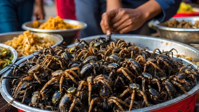 Exotic Street Food: Fried Tarantulas at a Bustling Cambodian Market