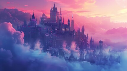 Fototapeta premium A majestic, gothic castle sits upon a cloud-covered mountain peak, bathed in the warm light of a pink sunset.
