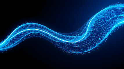 Wave of blue particles. Abstract technology flow background. Sound mesh pattern or grid landscape.