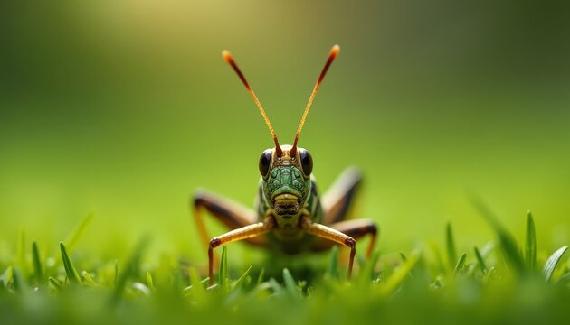 Close-up of a green cricket with red antennae on grass
