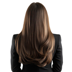 Naklejka premium Professional business woman with long hair wearing a black suit viewed from behind against a transparent background, Back View Business Woman with Long Hair on transparent background