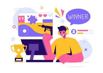 E-sports Vector Illustration featuring a Gamer in Virtual Reality, Playing Online Games on Consoles or Using a Joystick with a Gamepad in a Background