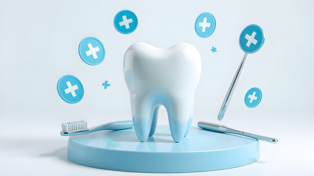 3d tooth with float cross icon for medical design. Medicine, healthcare concept.on blue background.3d illustration.