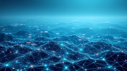 Futuristic 3D wireframe landscape with blockchain technology and AI elements, crypto currency, blockchain