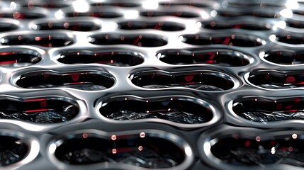 Abstract metallic surface with red highlights.