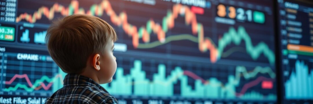 Futuristic interface displaying digital stock market data being observed by a child, investment, futuristic - Powered by Adobe