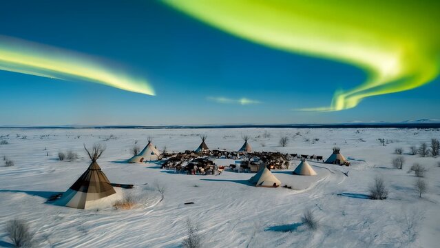 Nenets camp under bright northern lights in snowy tundra. Reindeer graze near teepees, showing traditional nomadic lifestyle, deep connection to Arctic nature, and cultural heritage.