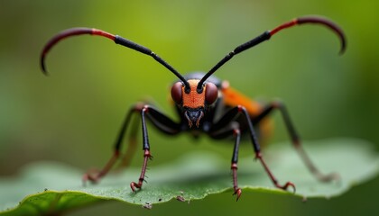 Fototapeta premium Antennae of a red and black bug on a green leaf